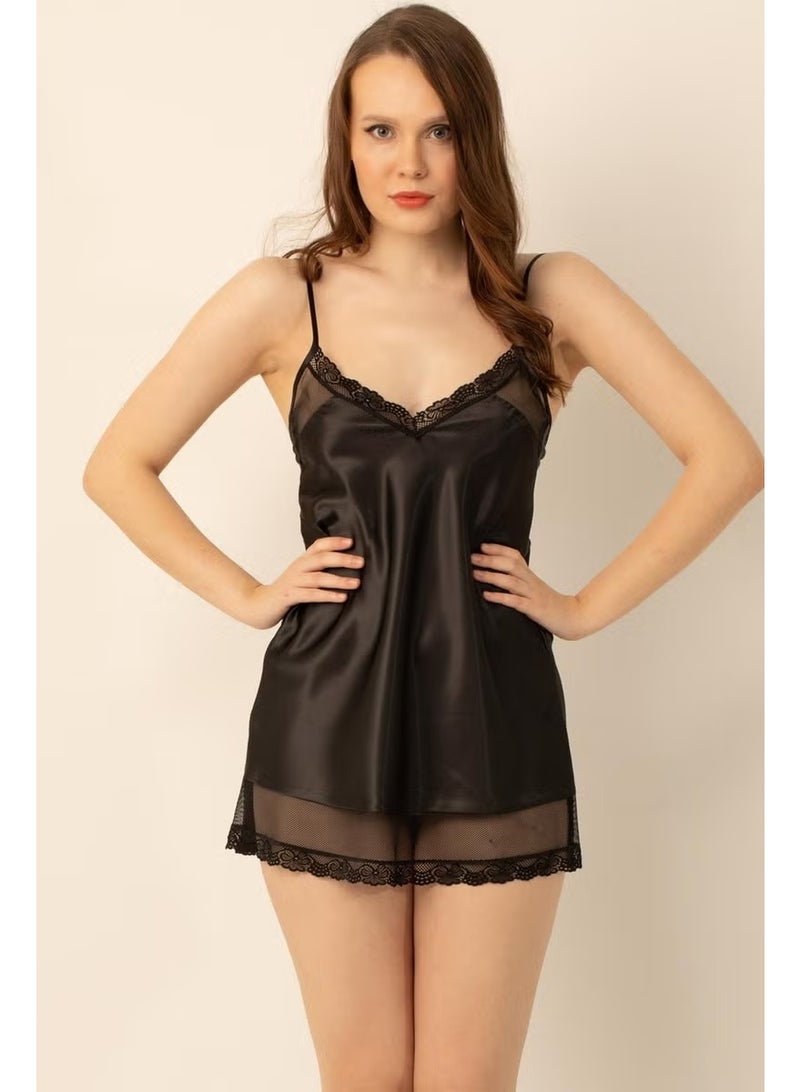 Miorre Doremi Satin Adjustable Strap Tulle Detailed Mini Nightgown - Image 1